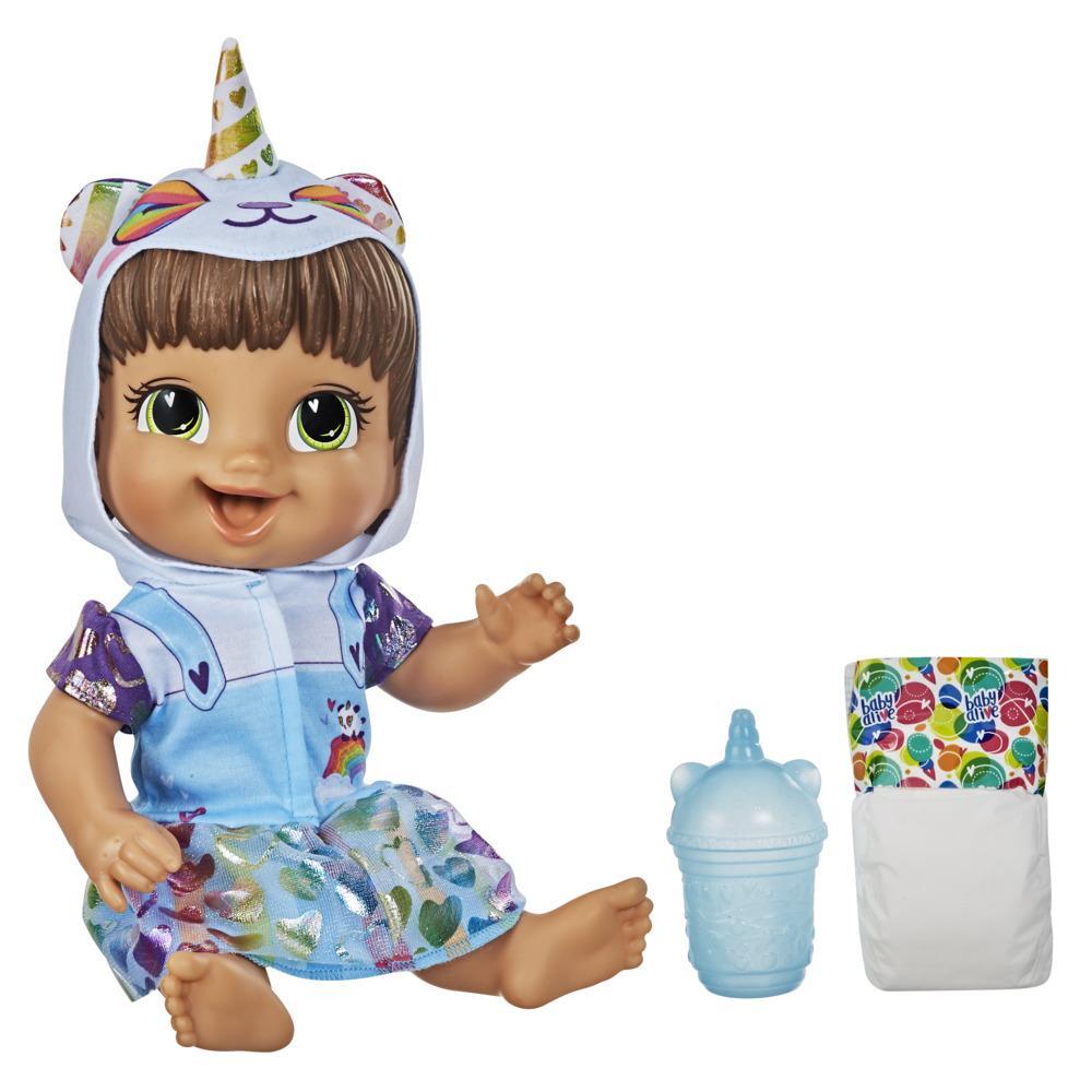 Baby Alive - Muñeca Minicornio - Con accesorios y bebidas - Muñeca de cabello castaño que moja el pañal para niños y niñas de 3 años en adelante - Baby Alive