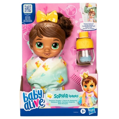 Baby Alive poupée Bébé beauté 31,5 cm à baigner, thème flamant rose,  maquillage et ongles magiques, cheveux noirs, enfants, dès 3 ans 